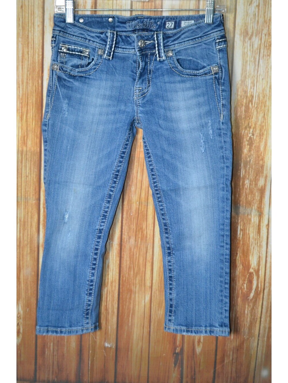 Miss Me Women Capri Embroidered No Pocket Flap Jeans Sz 27x20.5